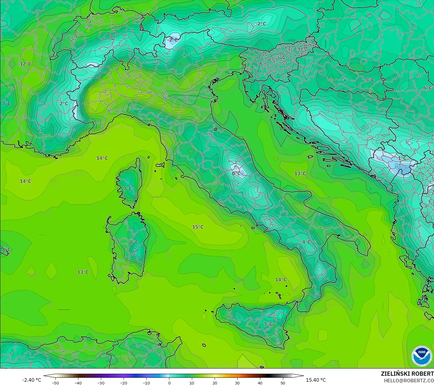 GFS モデル - イタリア, 露点温度（2m）