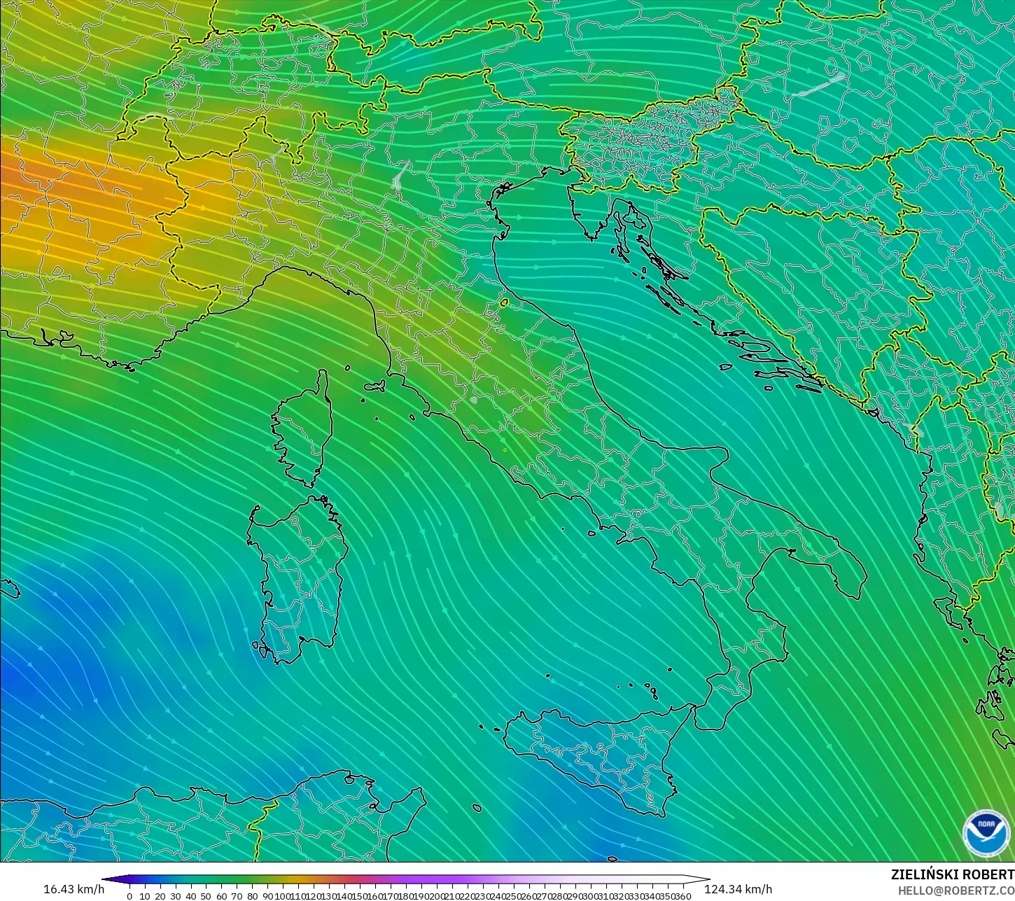 GFS モデル - イタリア, 風速（300hPa）
