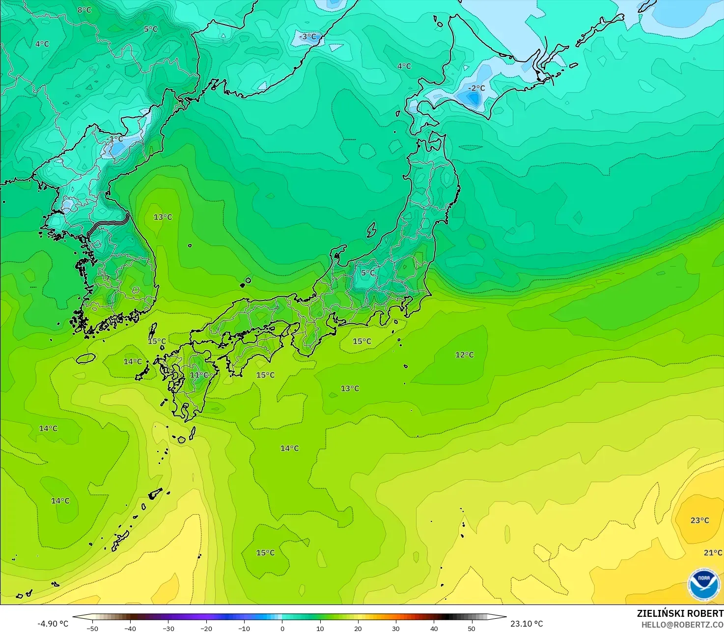 GFS モデル - 日本, 露点温度（2m）