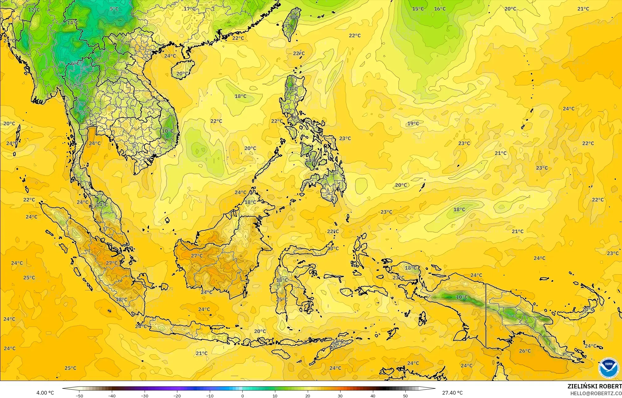GFS モデル - 東南アジア, 露点温度（2m）