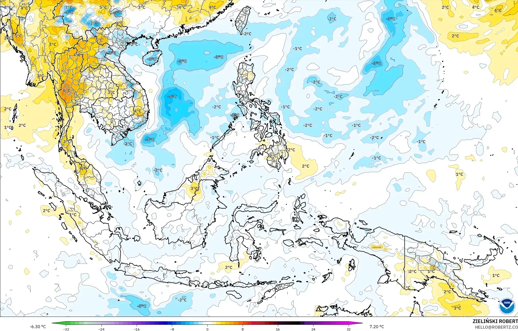 GFS モデル - 東南アジア, 気温異常（850hPa）