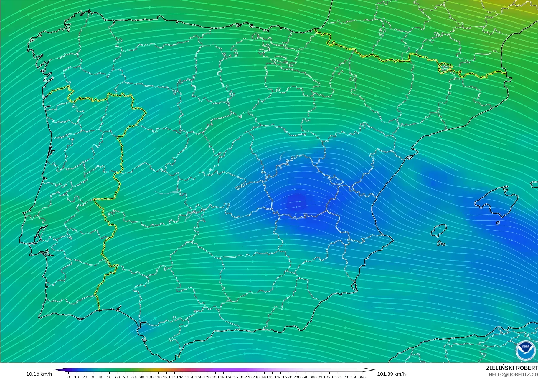 GFS モデル - スペイン, 風速（300hPa）