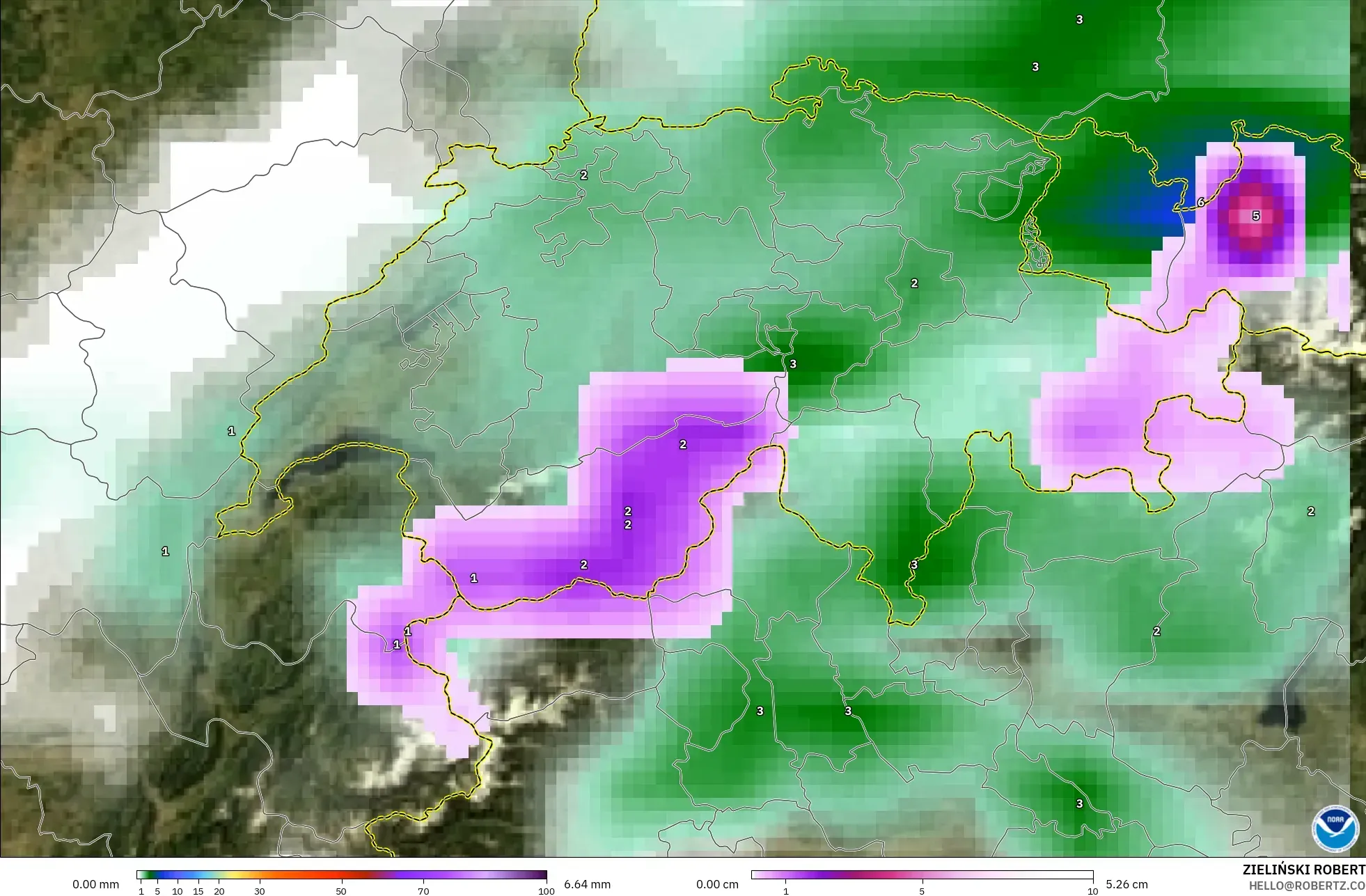 GFS モデル - スイス, 降水量、雲、気圧