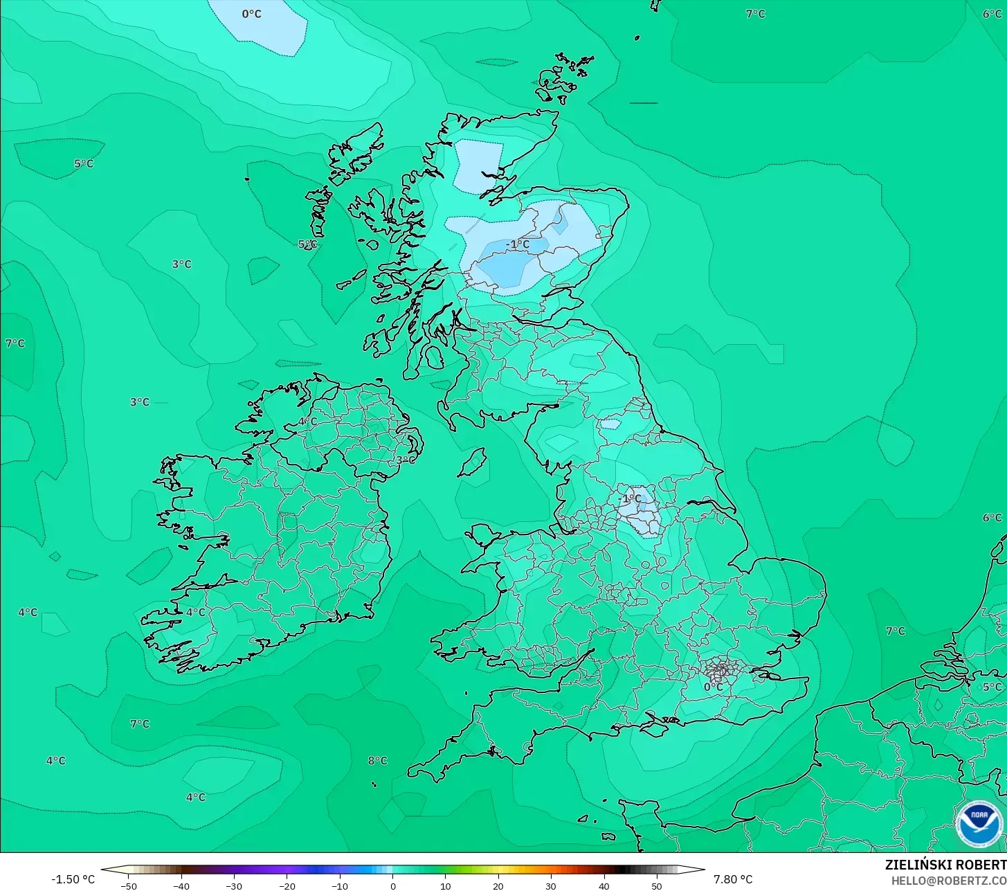 GFS モデル - イギリス, 露点温度（2m）