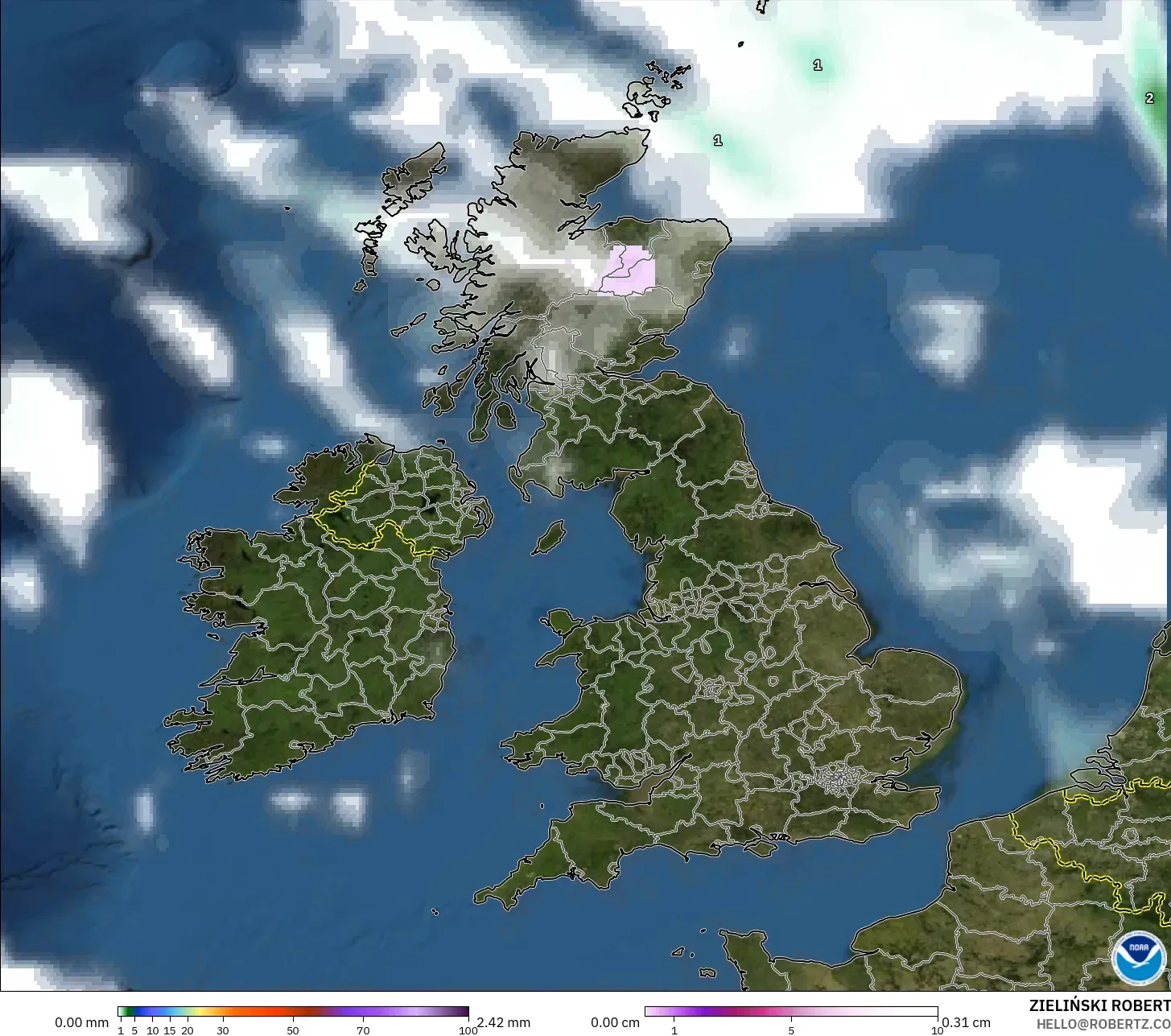 GFS モデル - イギリス, 降水量、雲、気圧