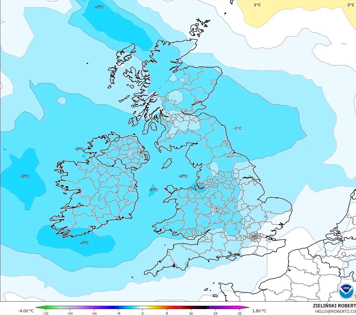 GFS モデル - イギリス, 気温異常（850hPa）