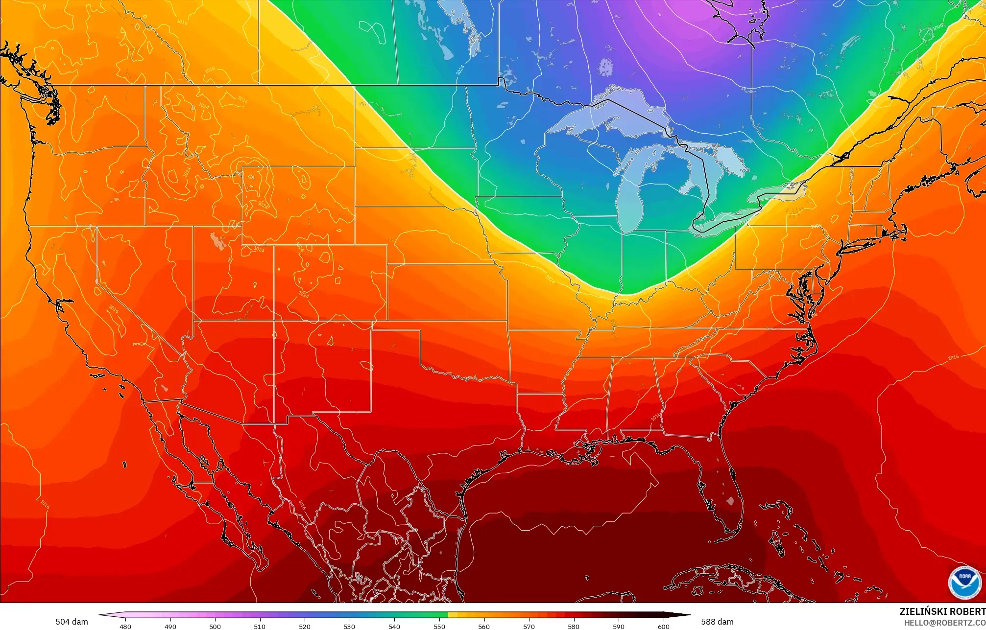 GFS モデル - アメリカ合衆国, 500hPaのジオポテンシャル高度