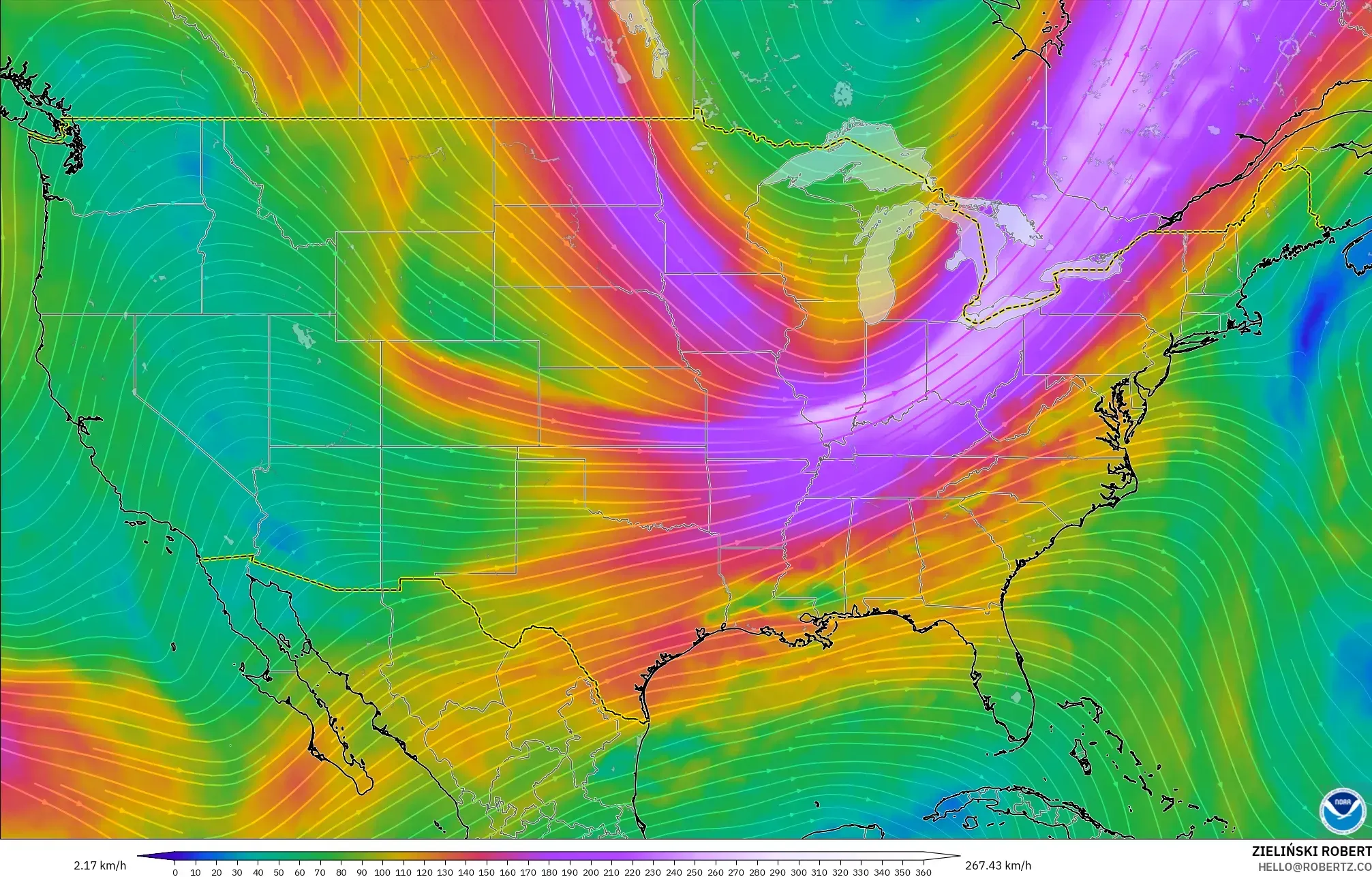 GFS モデル - アメリカ合衆国, 風速（300hPa）