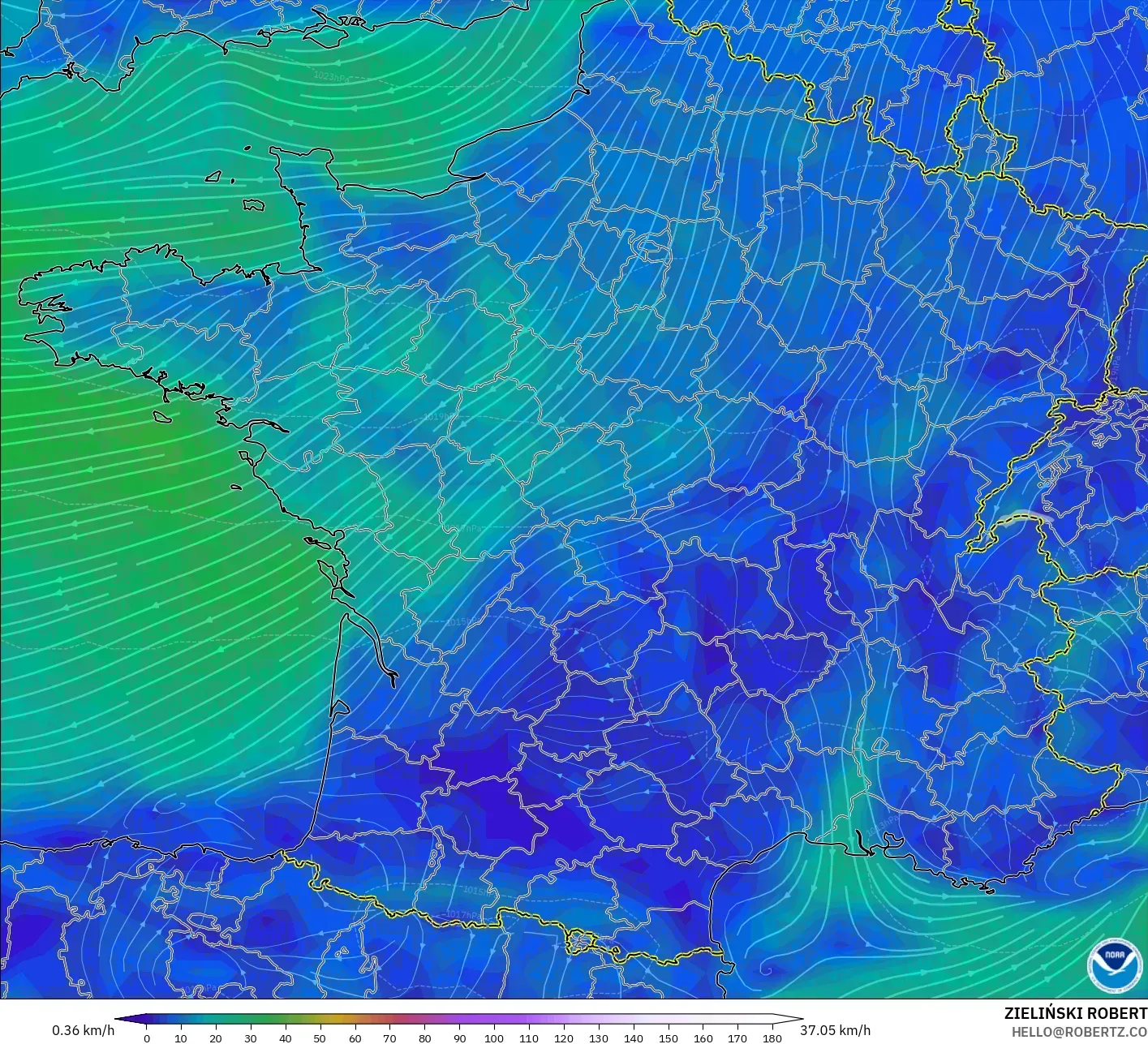 GFS モデル - フランス, 風速（10m）