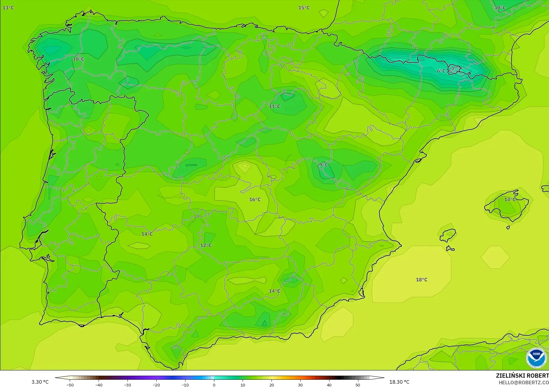 GFS モデル - スペイン, 気温（2m）