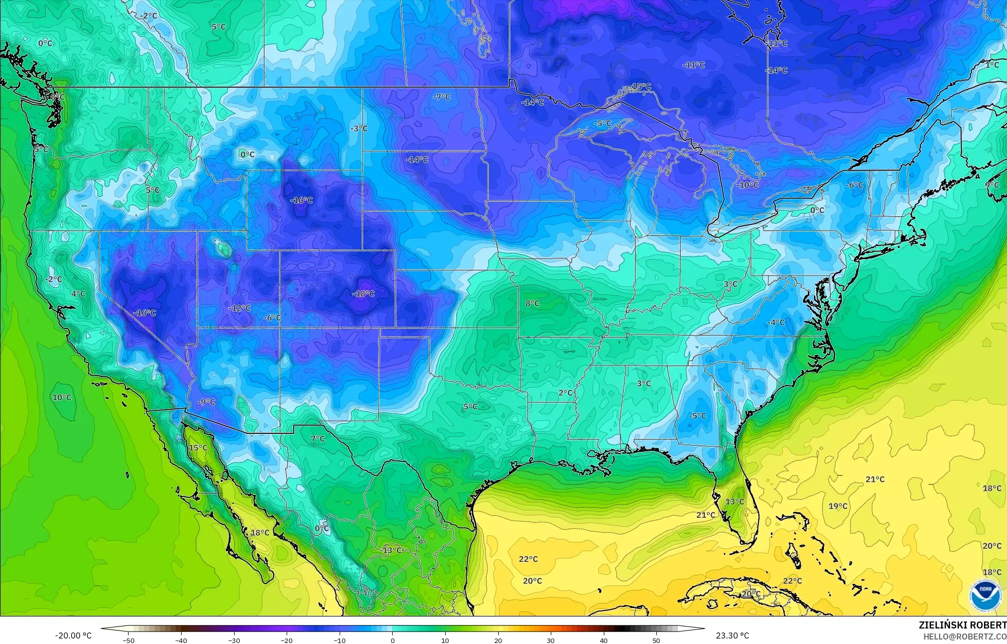 GFS モデル - アメリカ合衆国, 露点温度（2m）