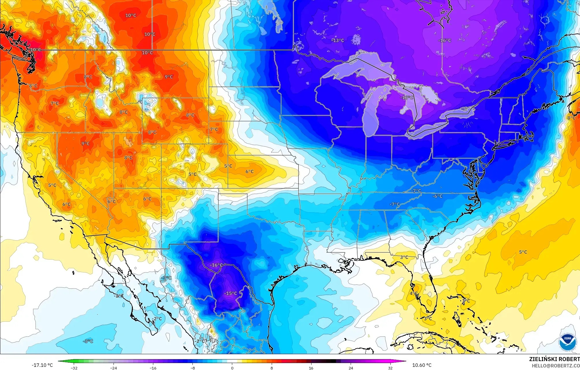 GFS モデル - アメリカ合衆国, 気温異常（850hPa）