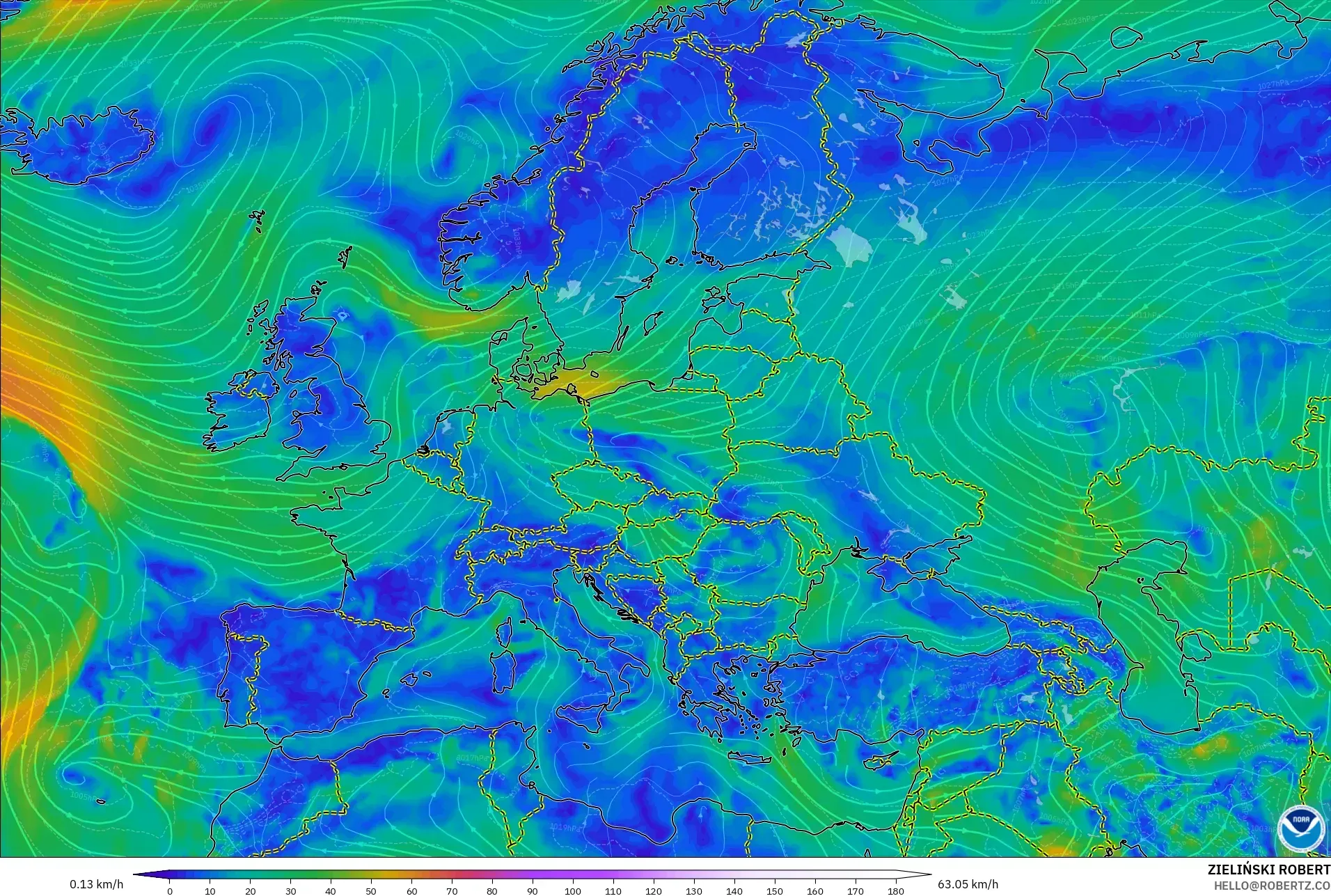 GFS モデル - ヨーロッパ, 風速（10m）