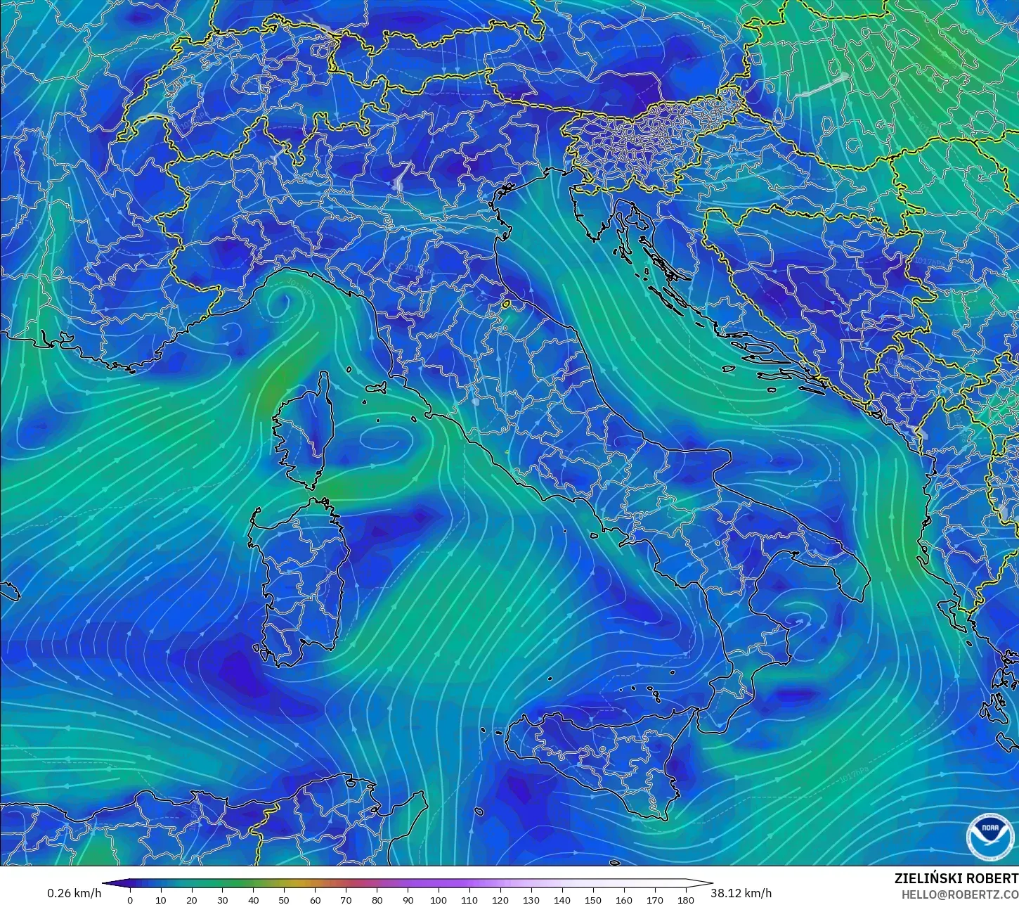 GFS モデル - イタリア, 風速（10m）