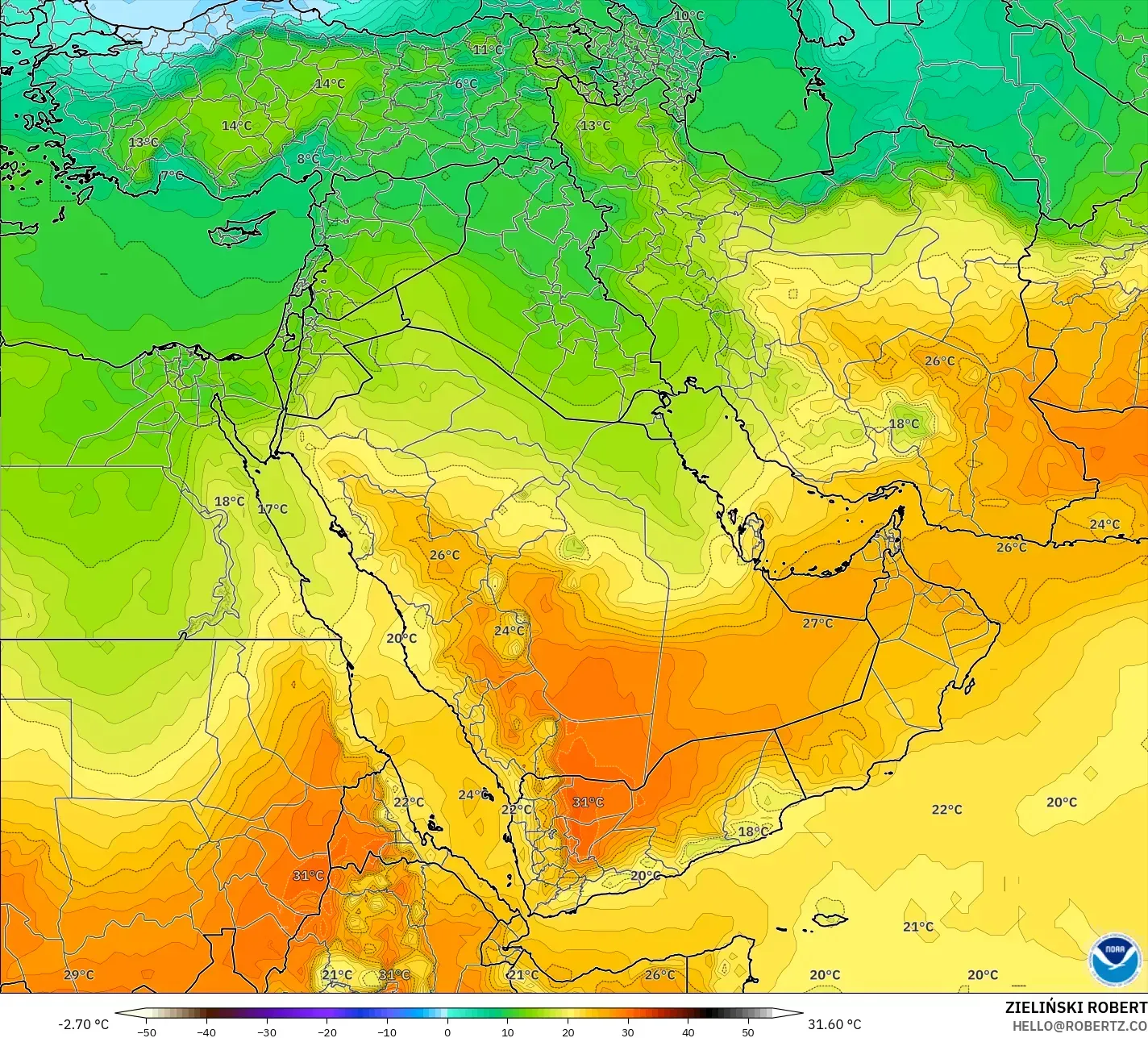 GFS モデル - 中東, 気温（850hPa）