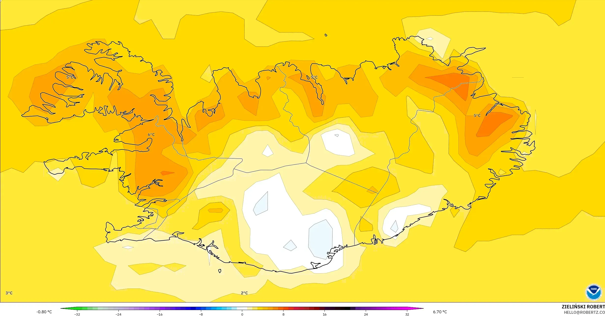 GFS モデル - アイスランド, 気温異常（2m）