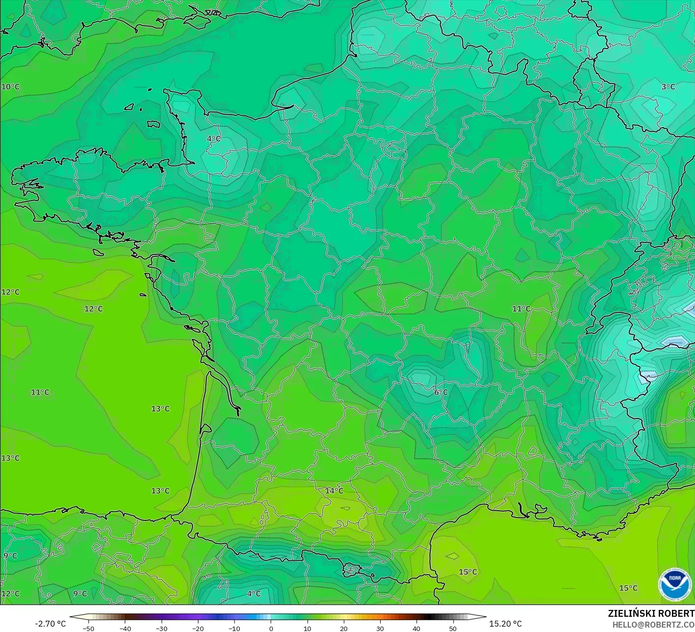 GFS モデル - フランス, 露点温度（2m）