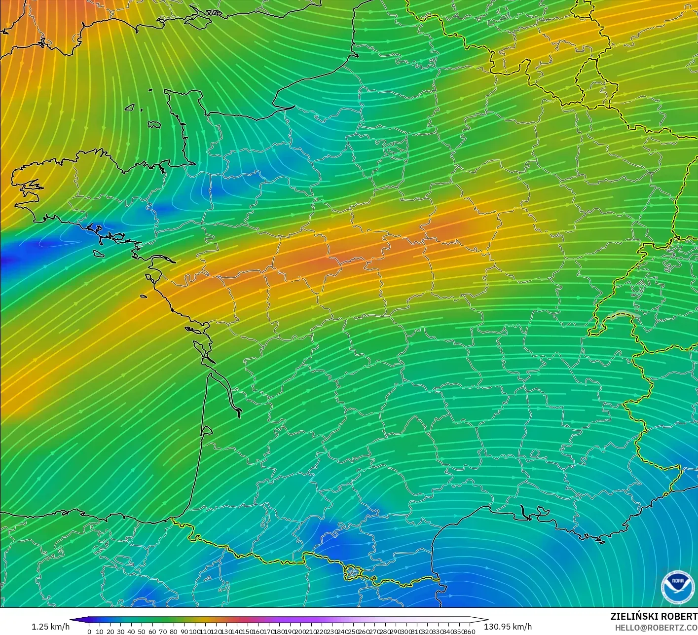 GFS モデル - フランス, 風速（300hPa）