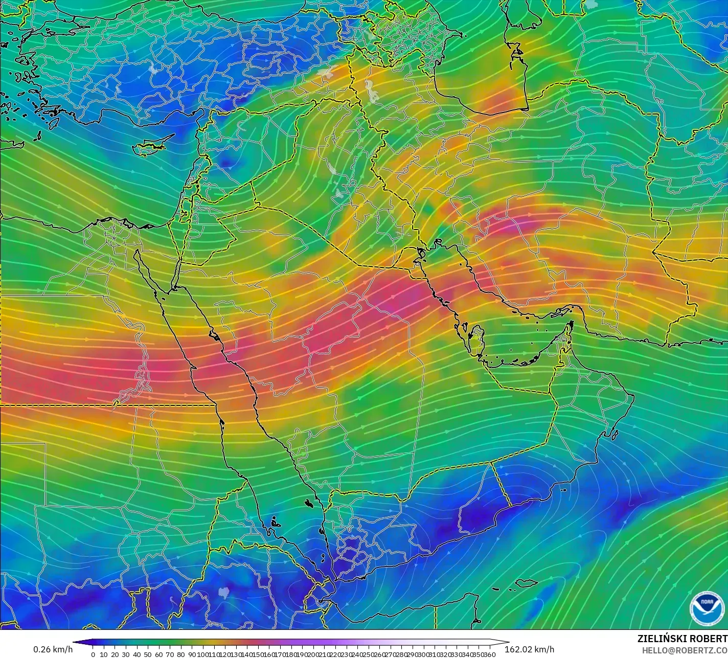 GFS モデル - 中東, 風速（300hPa）