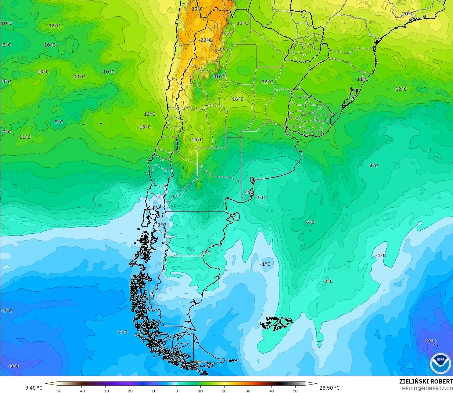 GFS モデル - アルゼンチン, 気温（850hPa）