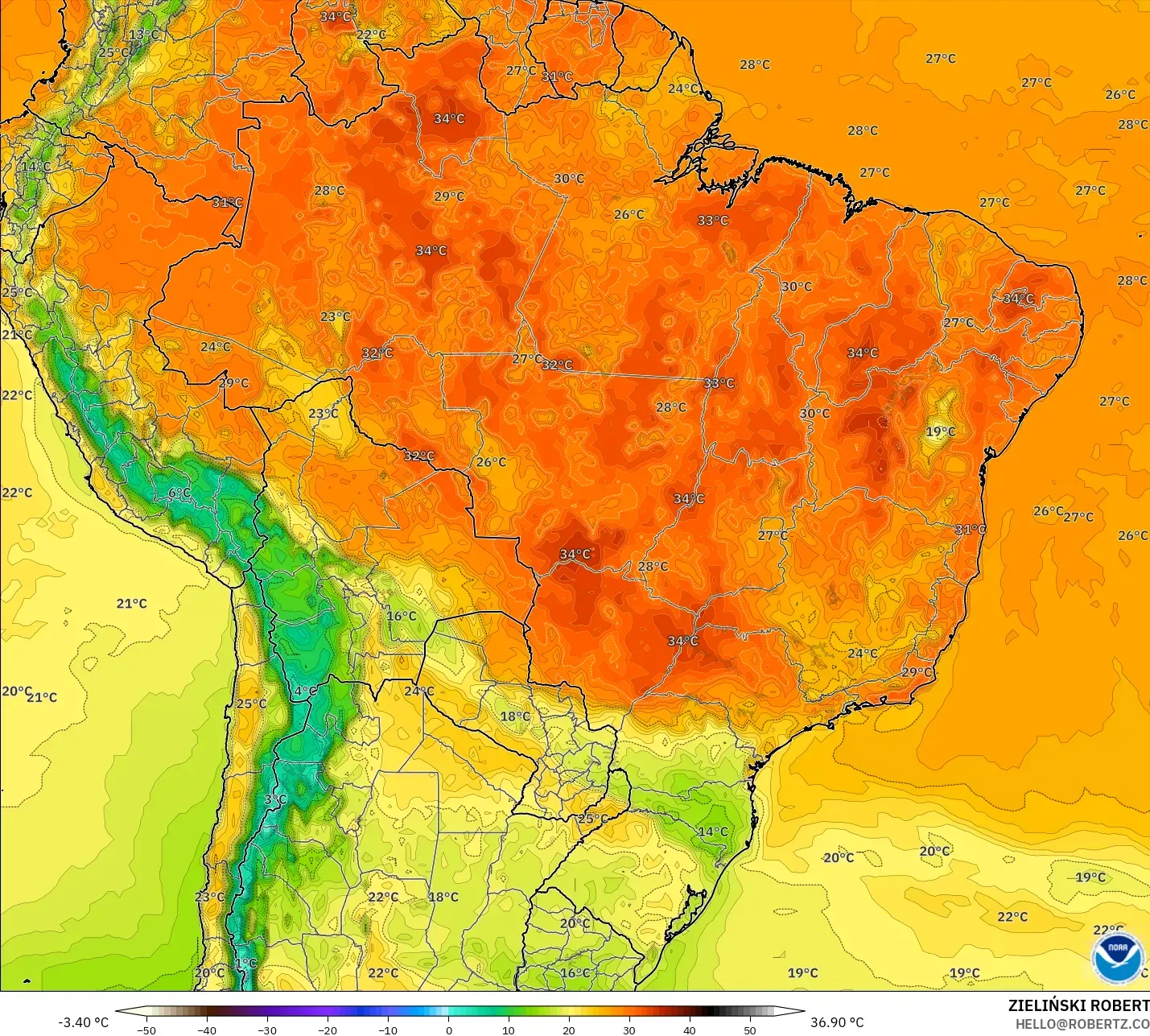 GFS モデル - ブラジル, 気温（2m）
