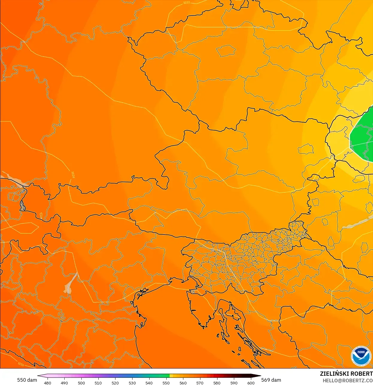 GFS モデル - オーストリア, 500hPaのジオポテンシャル高度