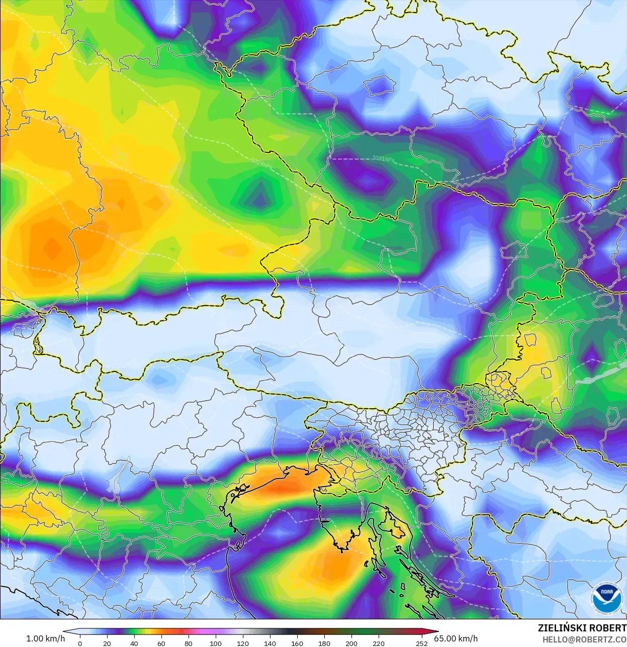 GFS モデル - オーストリア, 突風