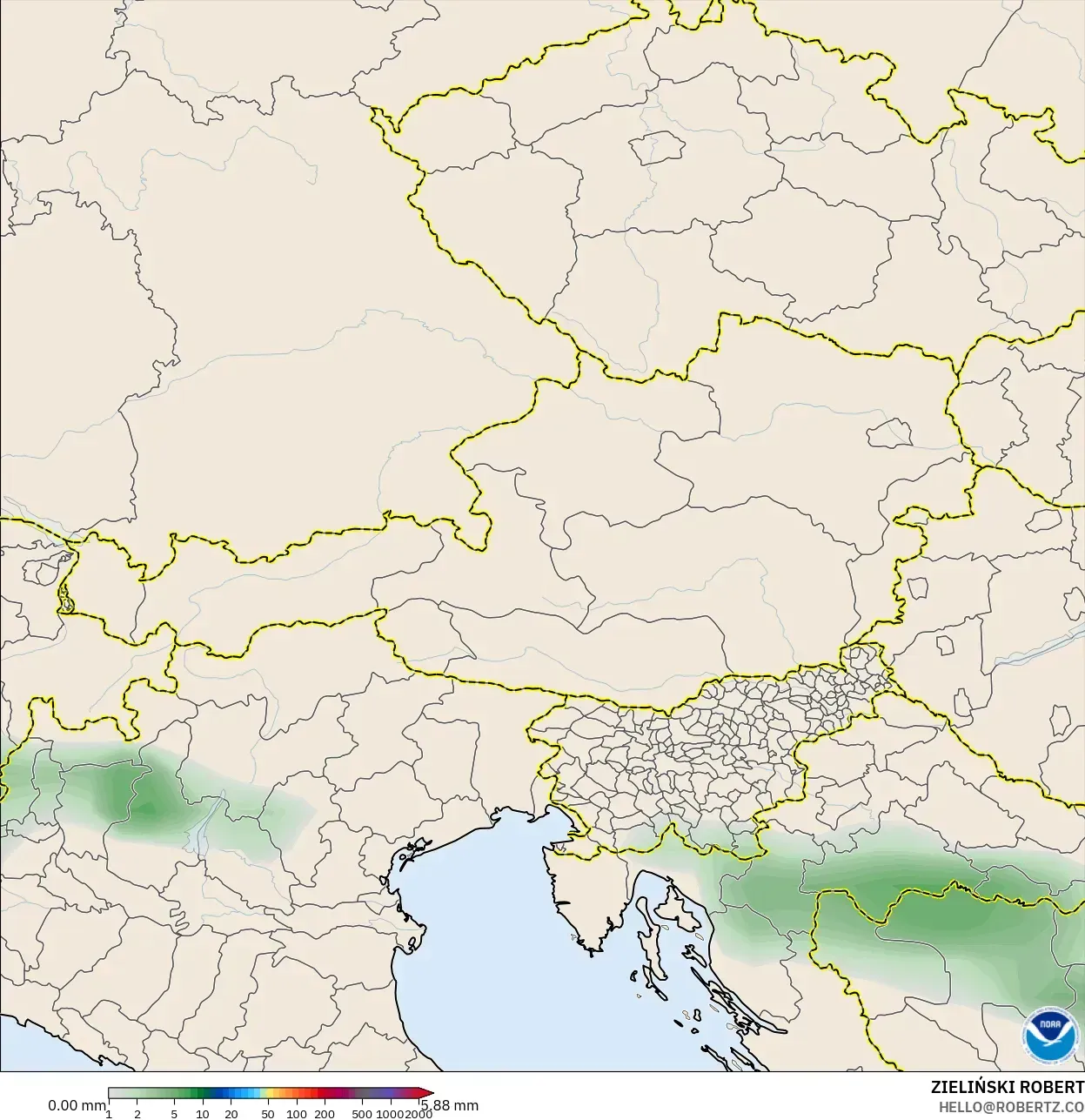 GFS モデル - オーストリア, 降水量の合計