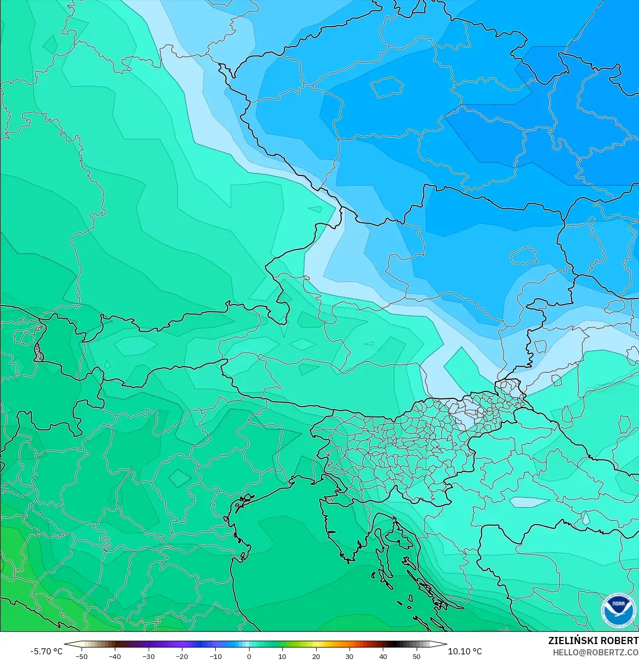 GFS モデル - オーストリア, 気温（850hPa）