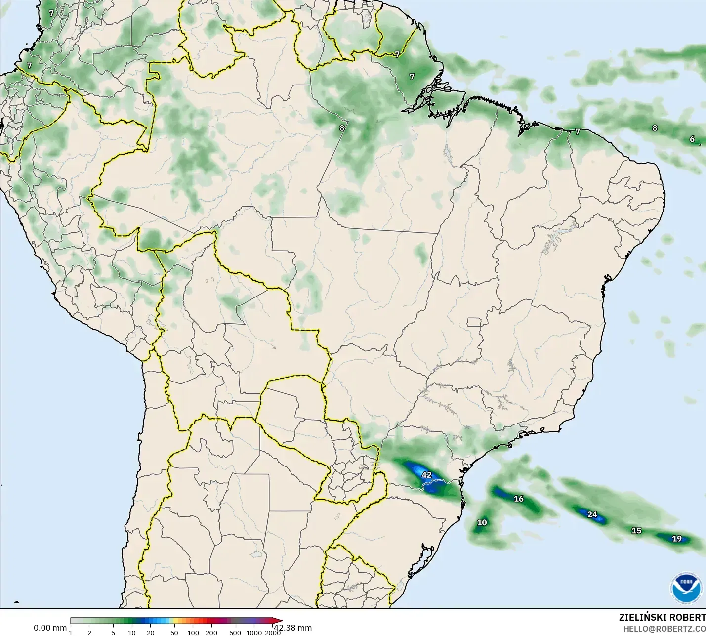 GFS モデル - ブラジル, 降水量の合計