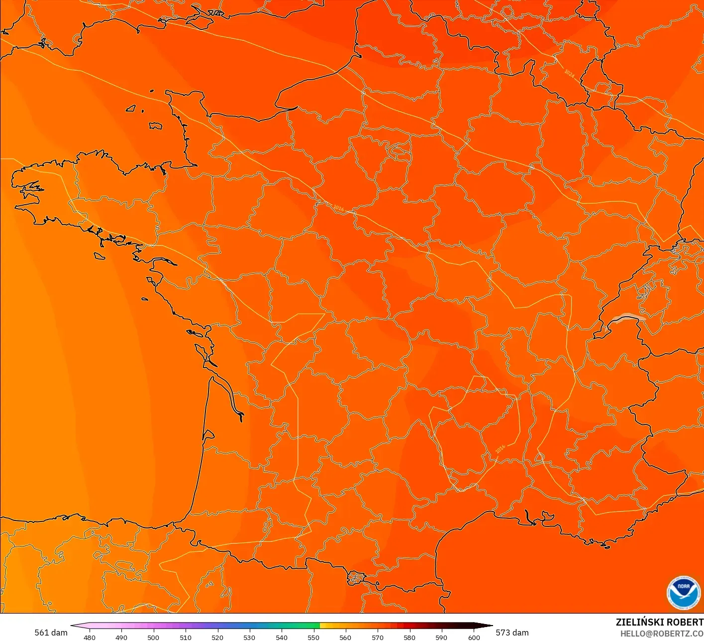 GFS モデル - フランス, 500hPaのジオポテンシャル高度