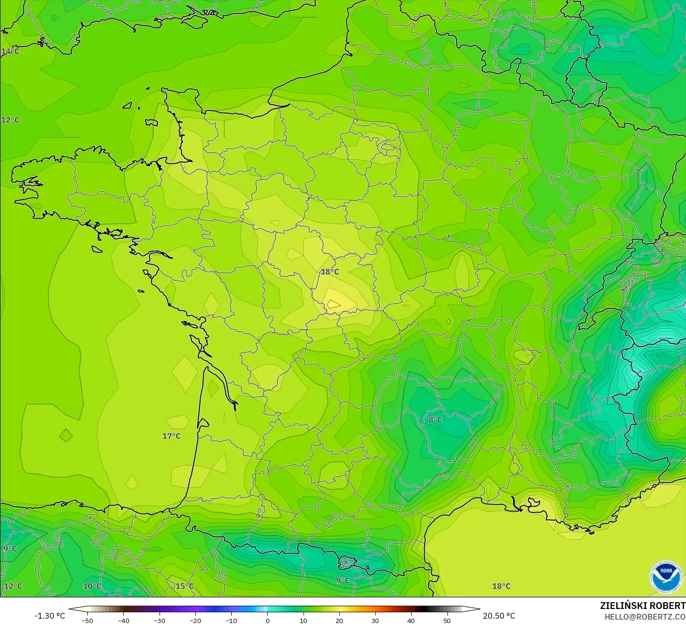 GFS モデル - フランス, 気温（2m）