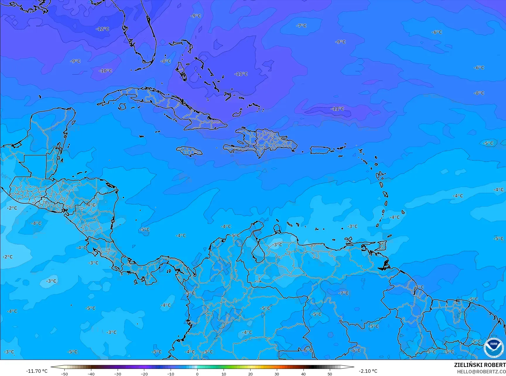 GFS モデル - カリブ海, 気温（500hPa）