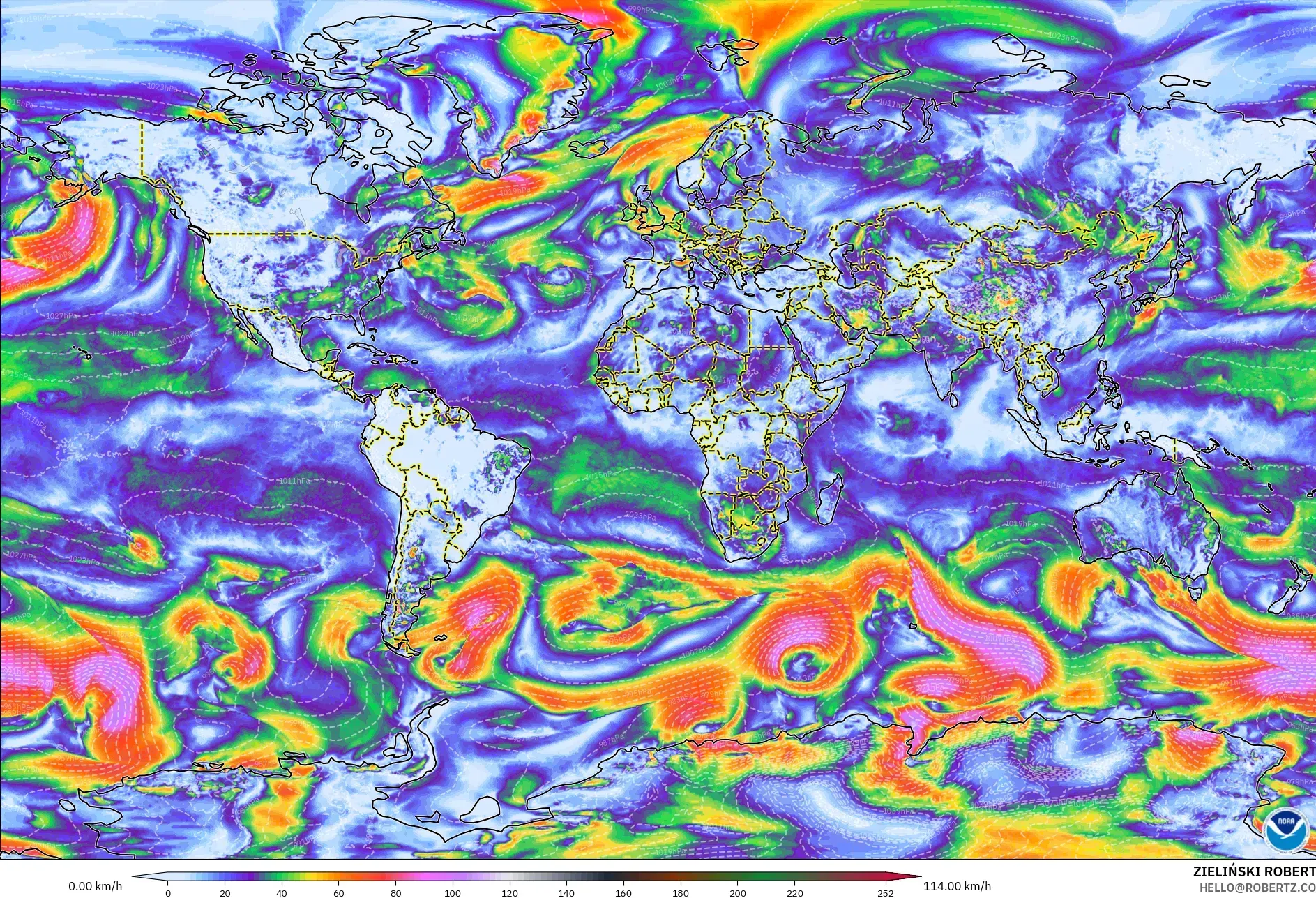 GFS モデル - 世界, 突風（最大）