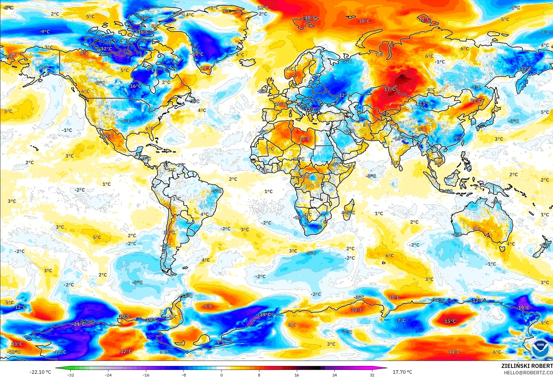 GFS モデル - 世界, 気温異常（2m）