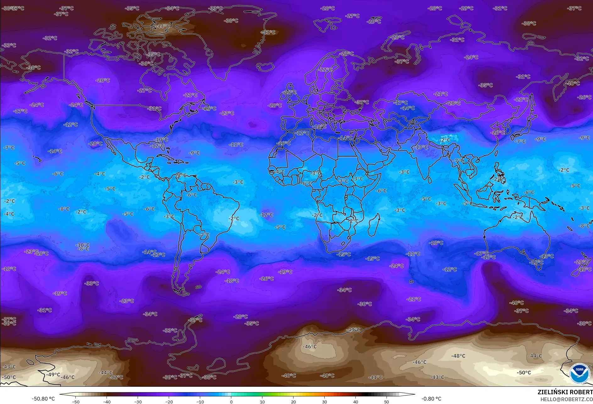 GFS モデル - 世界, 気温（500hPa）