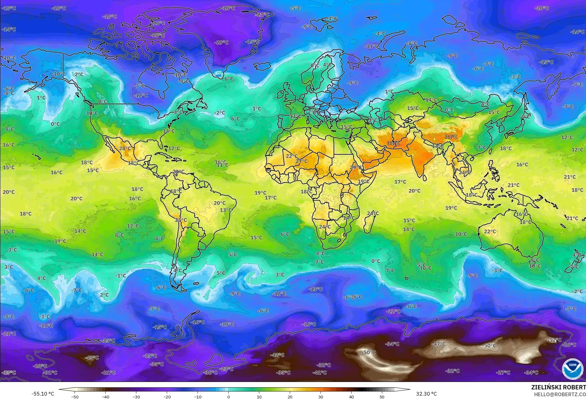 GFS モデル - 世界, 気温（850hPa）