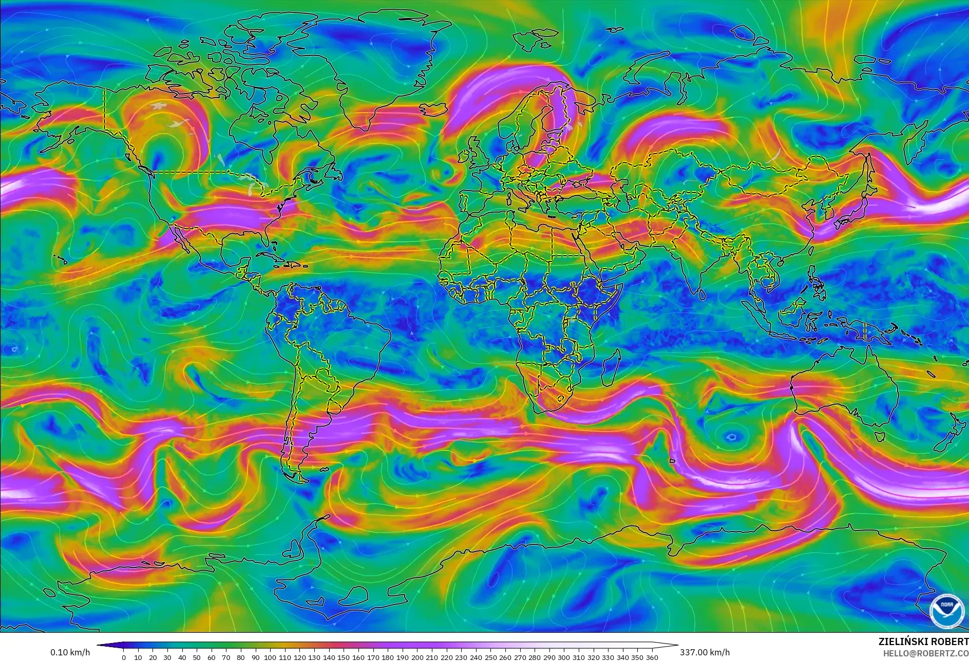 GFS モデル - 世界, 風速（300hPa）