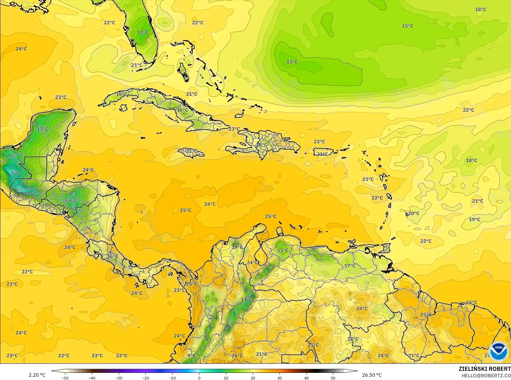 GFS モデル - カリブ海, 露点温度（2m）