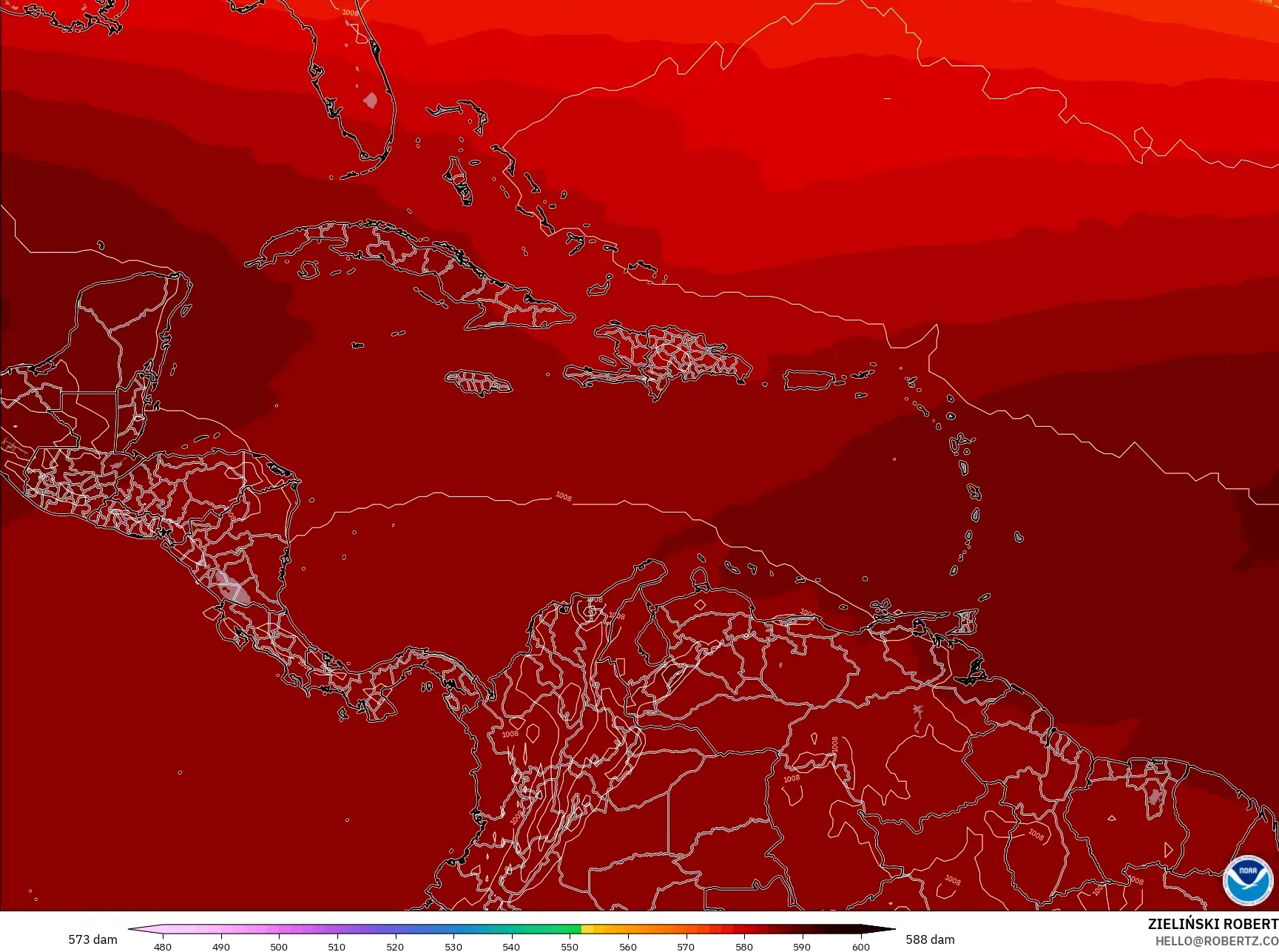 GFS モデル - カリブ海, 500hPaのジオポテンシャル高度