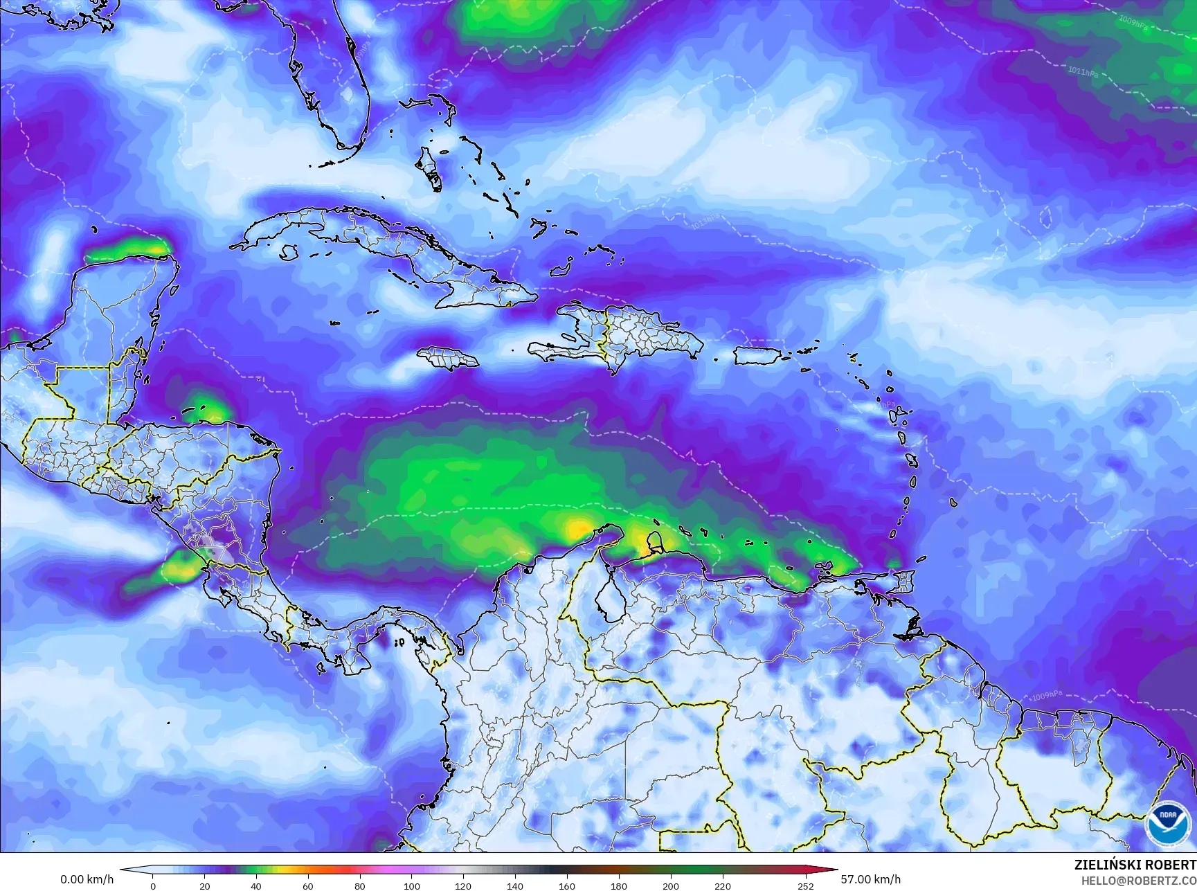GFS モデル - カリブ海, 突風（最大）