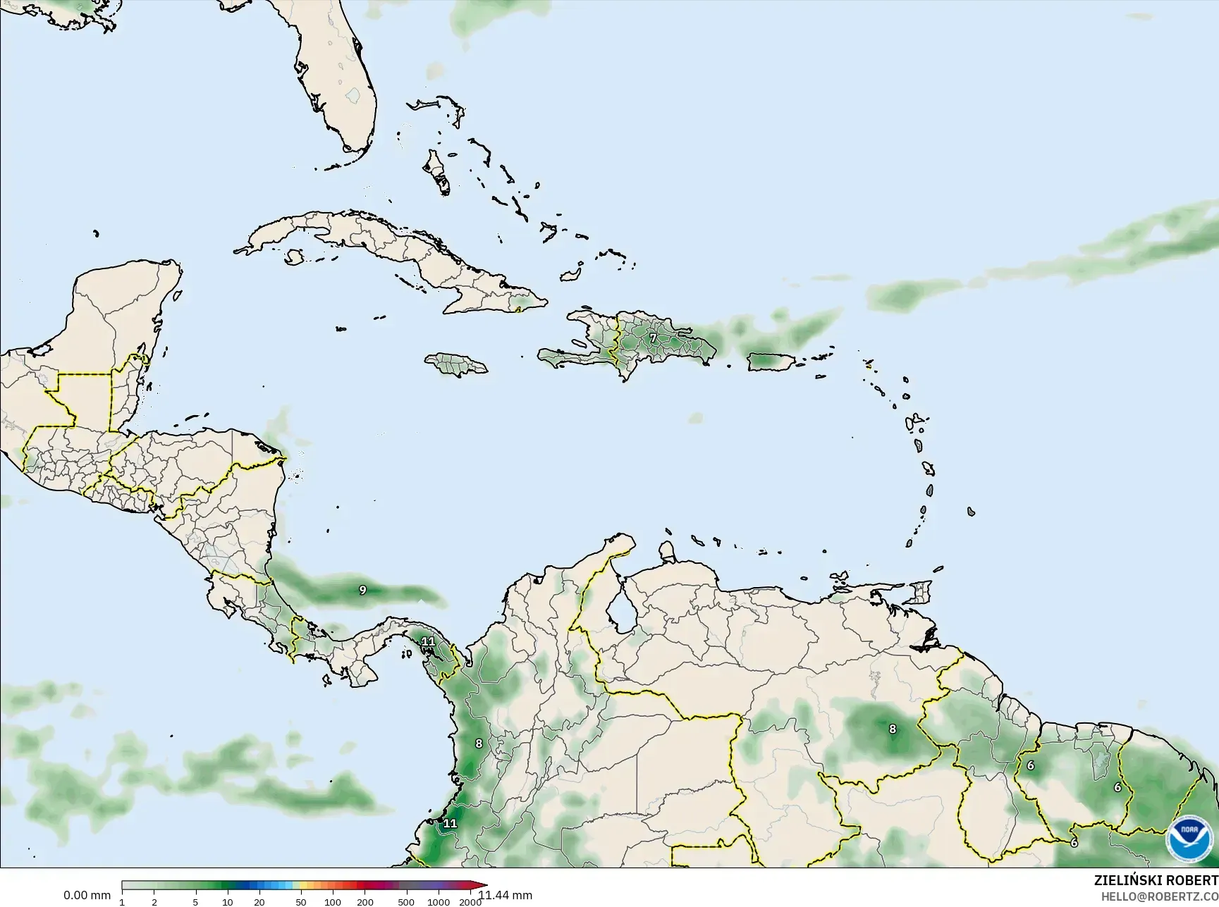GFS モデル - カリブ海, 降水量の合計