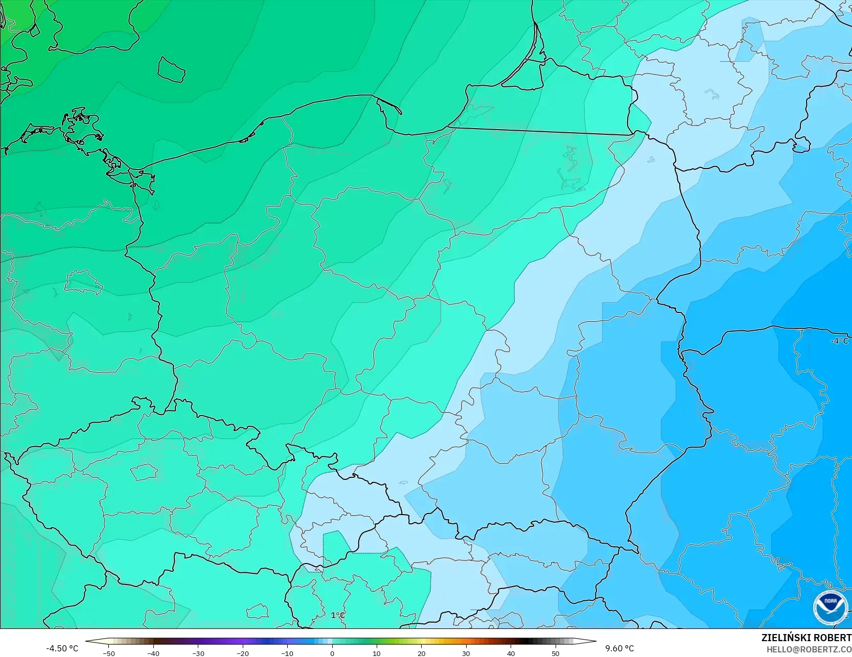GFS モデル - ポーランド, 気温（850hPa）