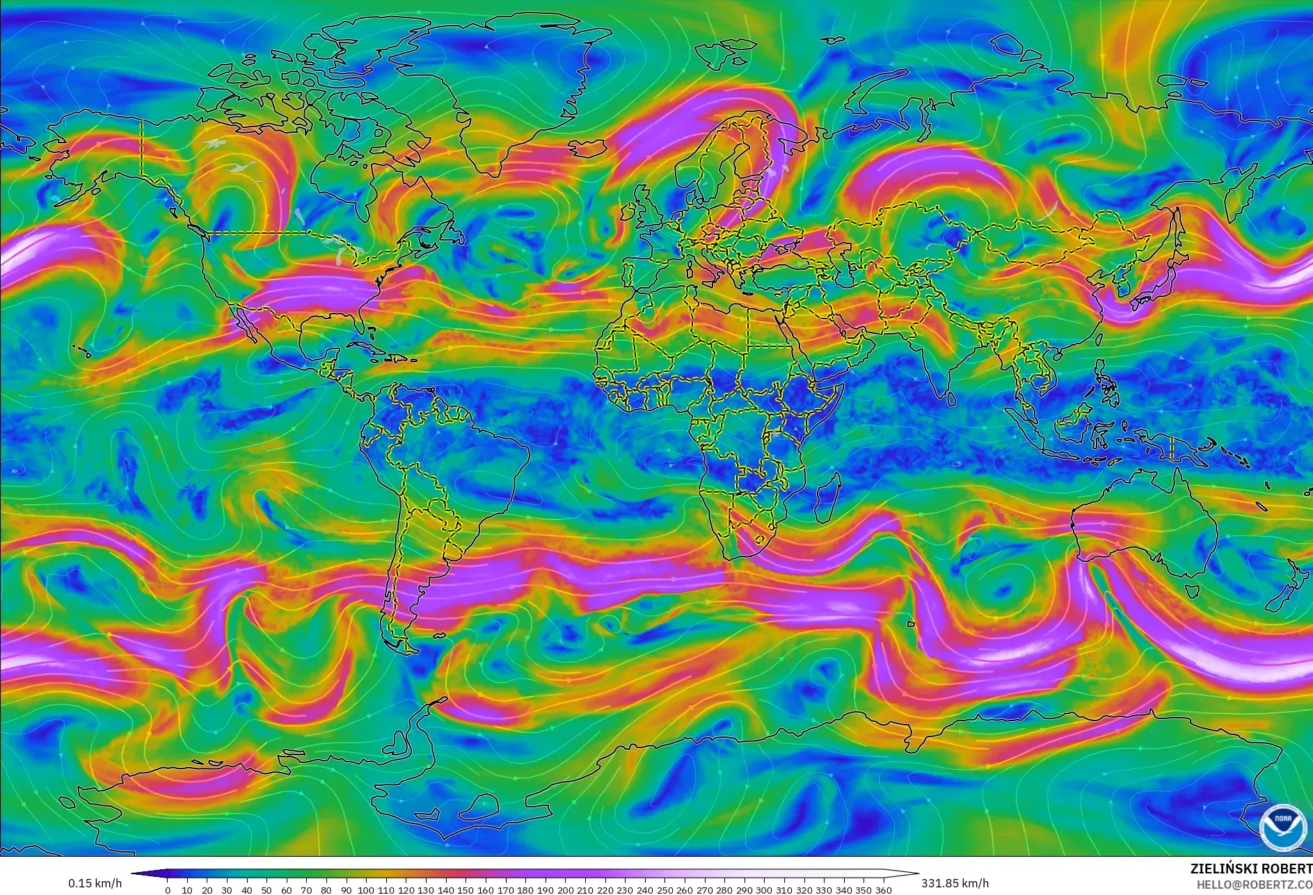 GFS モデル - 世界, 風速（300hPa）