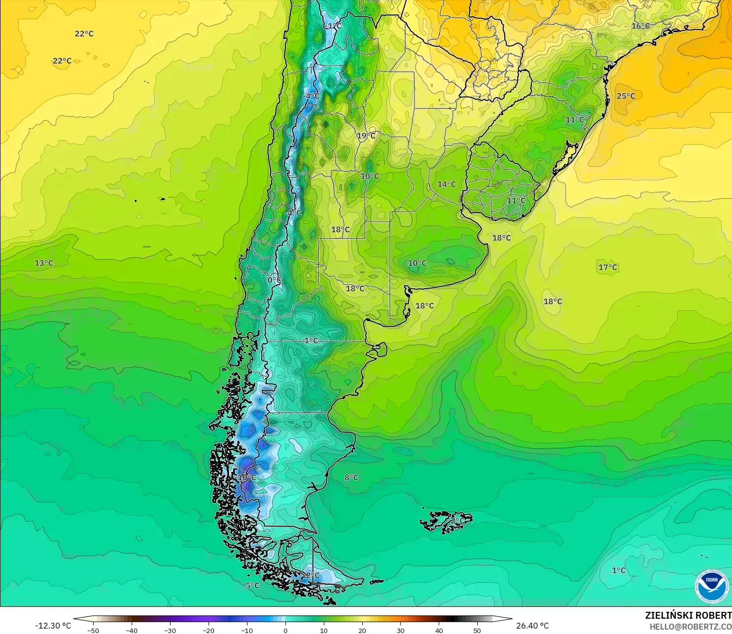 GFS モデル - アルゼンチン, 気温（2m）