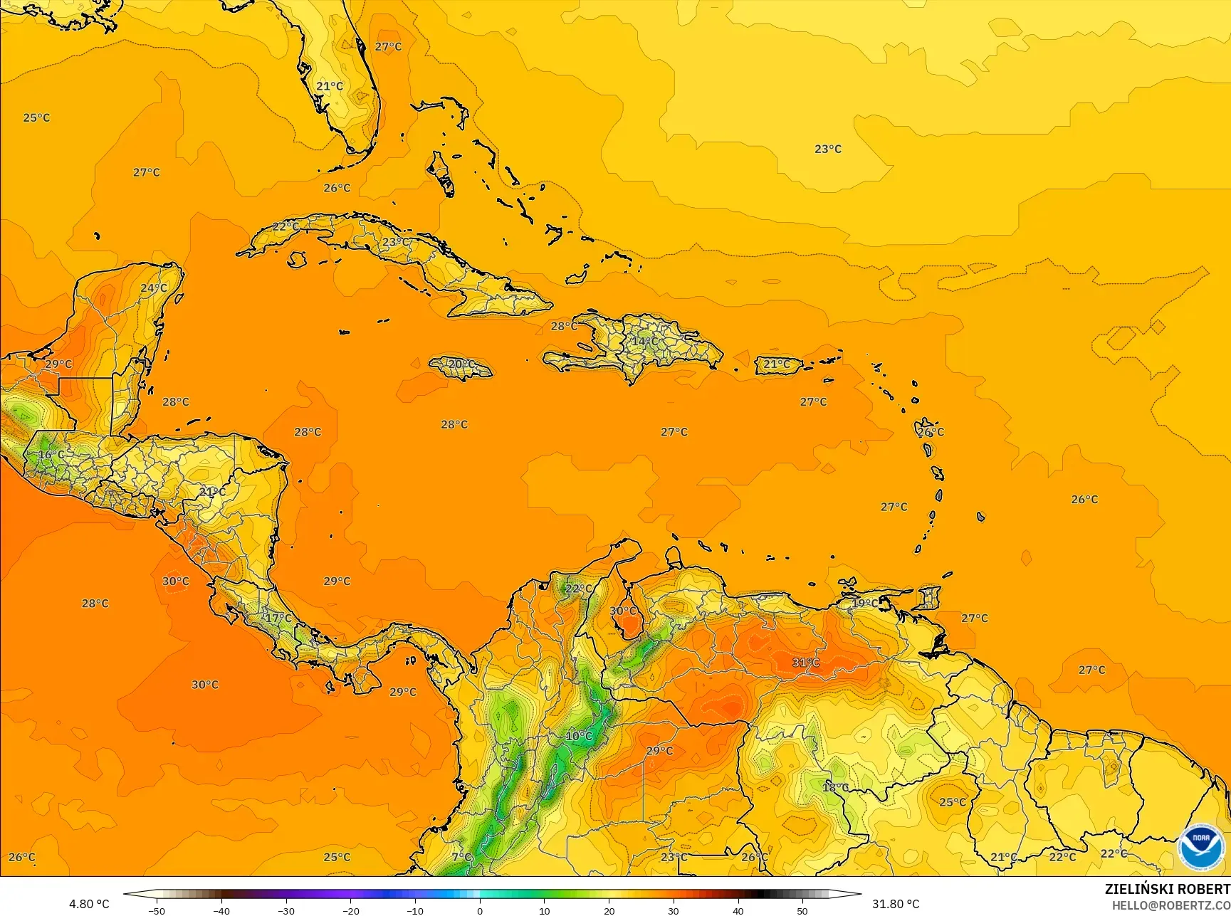 GFS モデル - カリブ海, 気温（2m）