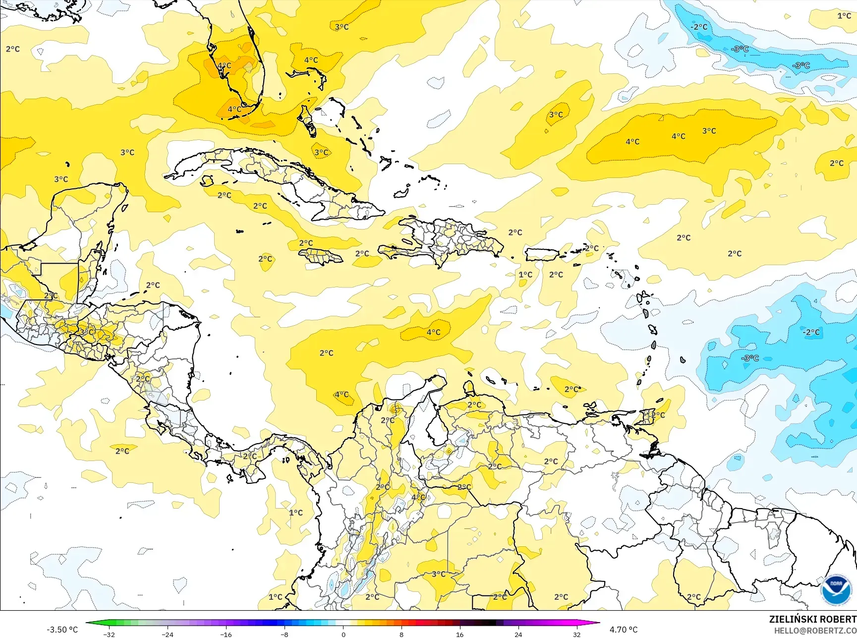 GFS モデル - カリブ海, 気温異常（850hPa）