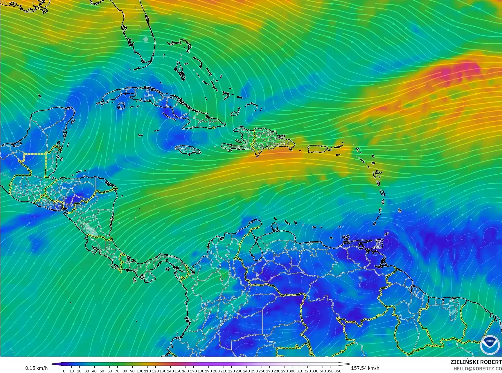 GFS モデル - カリブ海, 風速（300hPa）