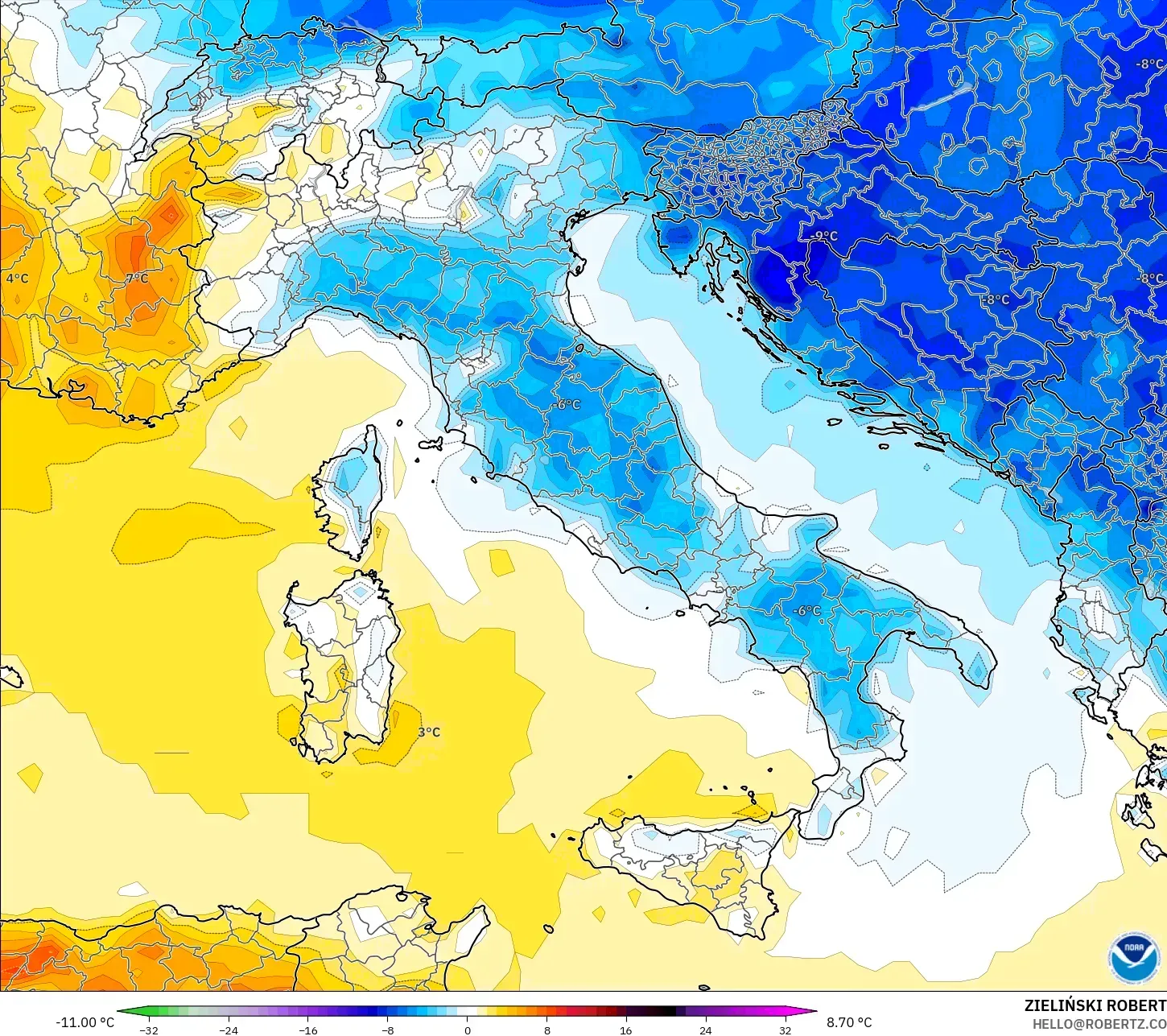 GFS モデル - イタリア, 気温異常（2m）