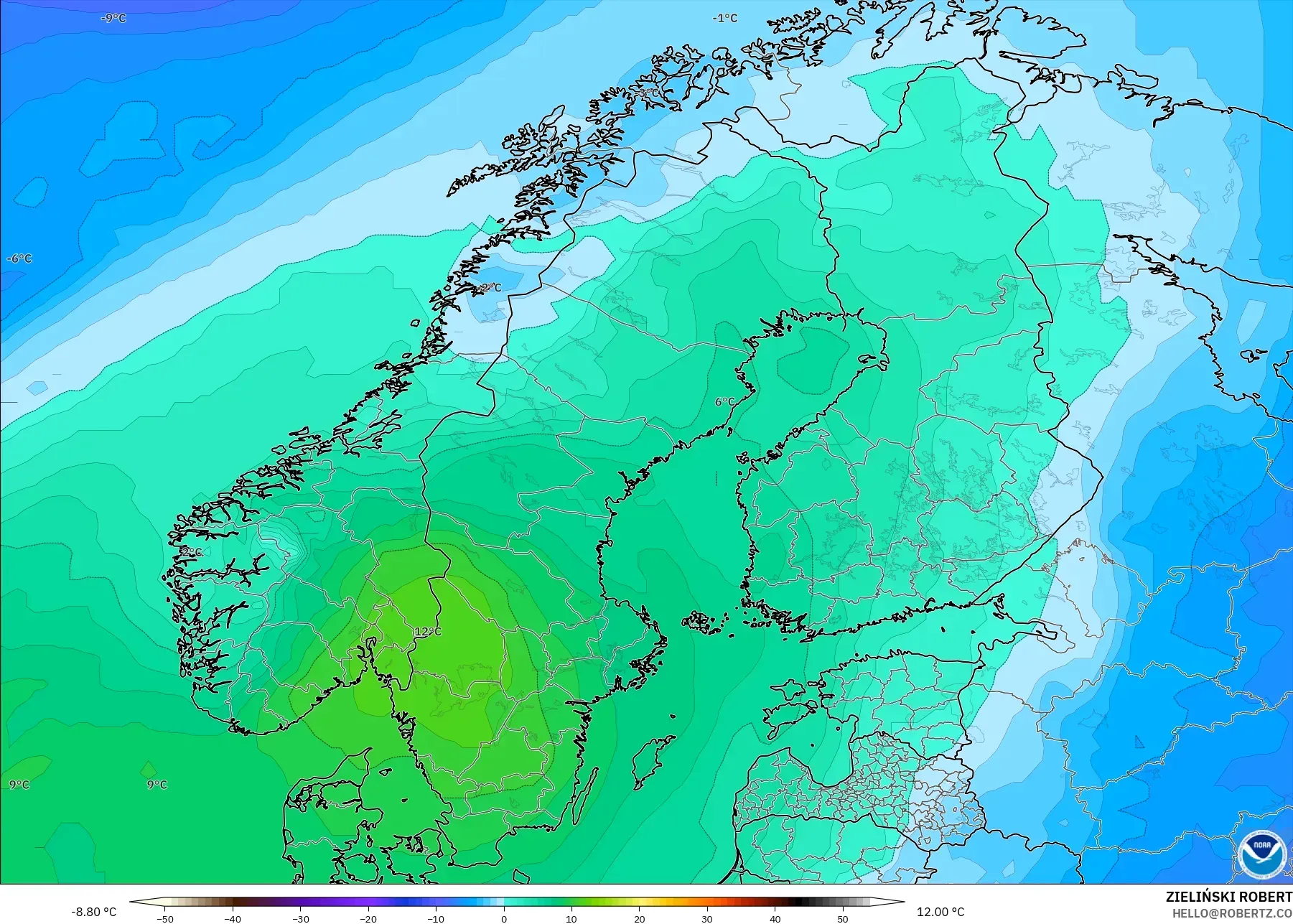GFS モデル - スカンジナビア, 気温（850hPa）
